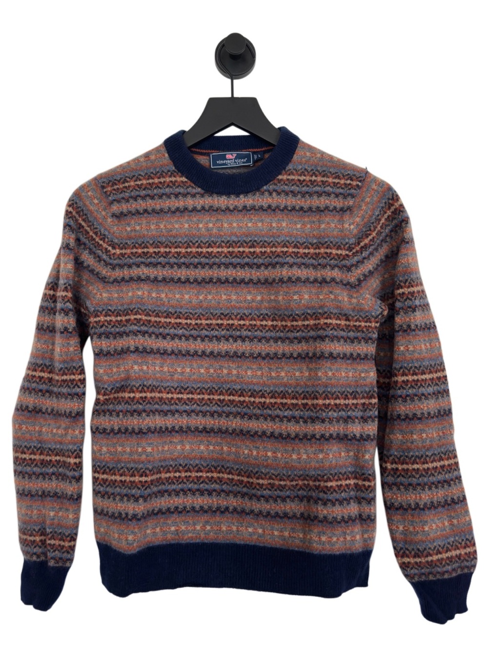 Vineyard Vines Boys’ Striped Fair Isle Crewneck Sweater in Navy and Rust